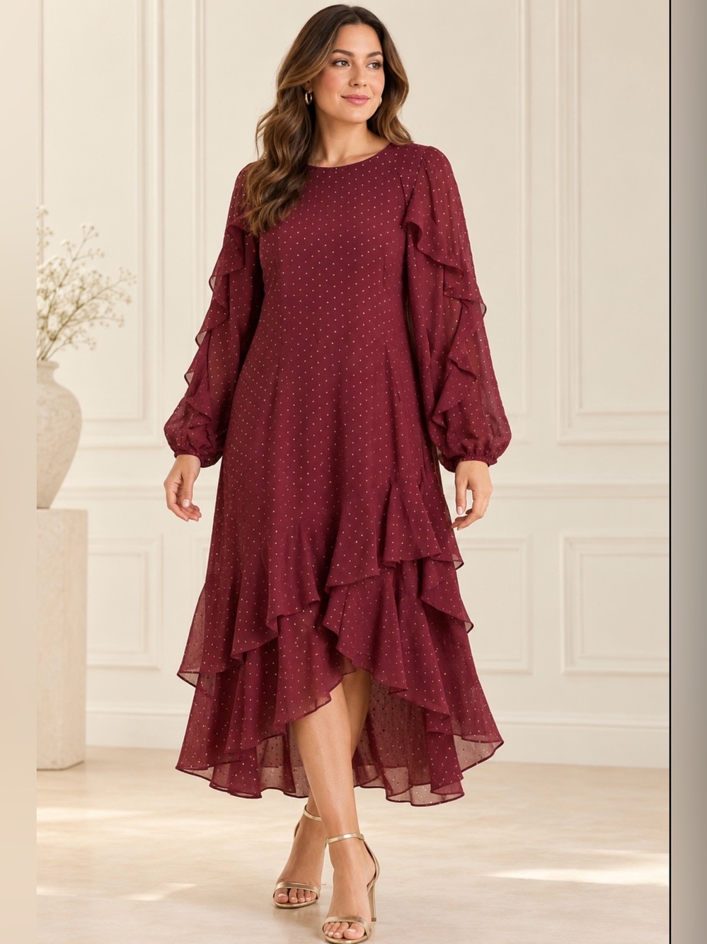 Cooper St Burgundy Gold Dot Ruffle Long Sleeve High Low Dress Size 12